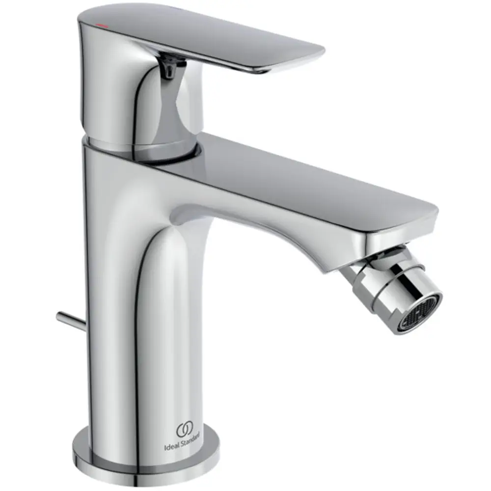 Moderne Bidetarmatur mit verchromter Oberfläche, seitlichem Hebel für Wasserregulierung, hergestellt von Ideal Standard. Fachgerechte Gestaltung für Sanitäranlagen.